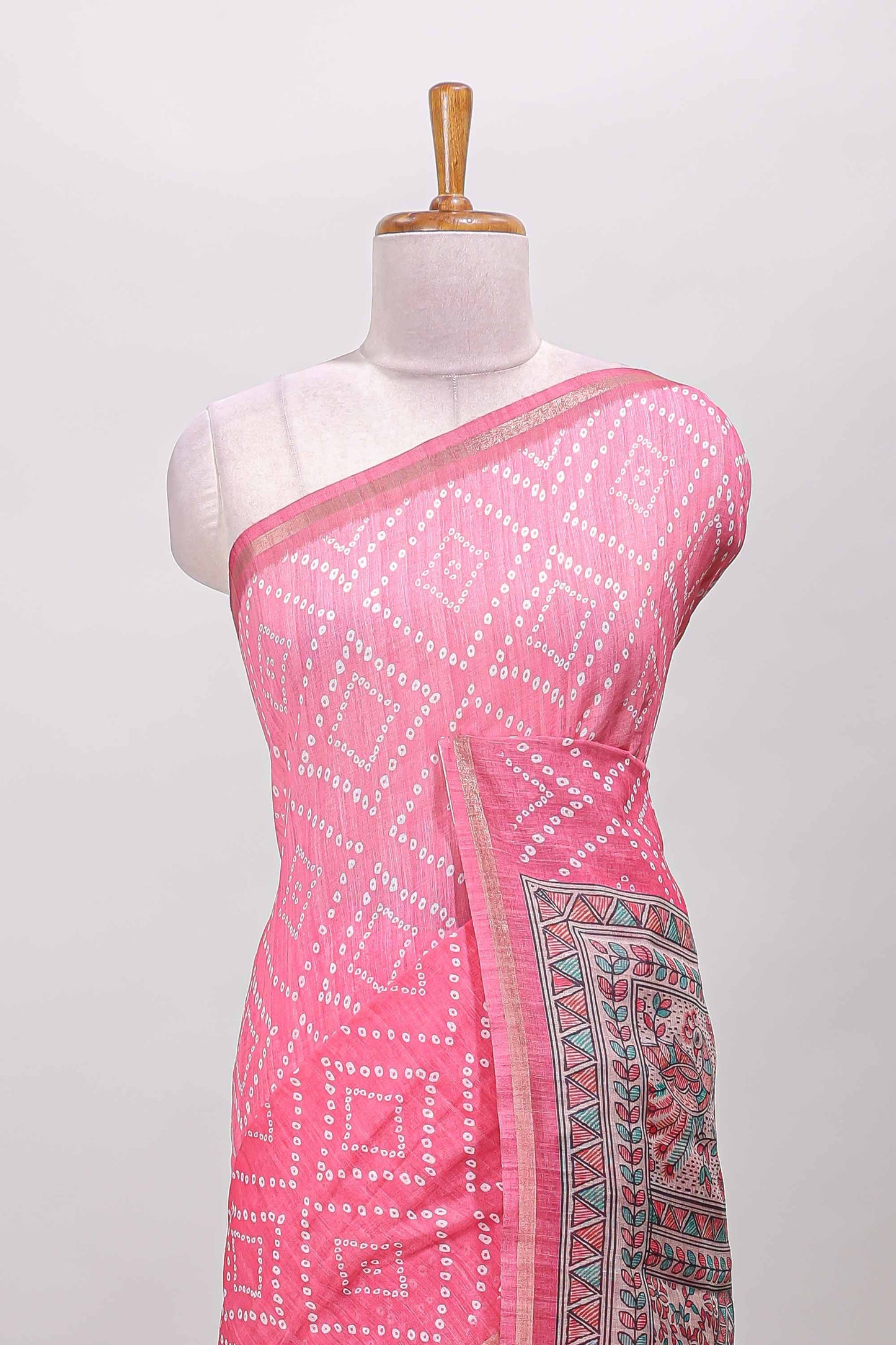 Pink geometric pattern bandhani style linen cotton saree with self zari border and contrast printed pallu & blouse