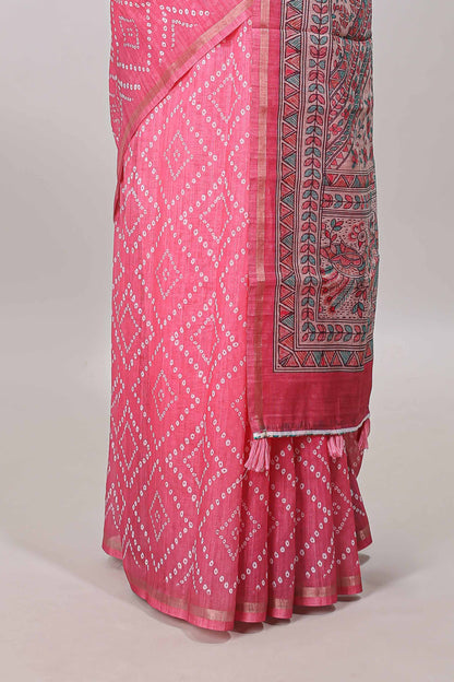 Pink geometric pattern bandhani style linen cotton saree with self zari border and contrast printed pallu & blouse