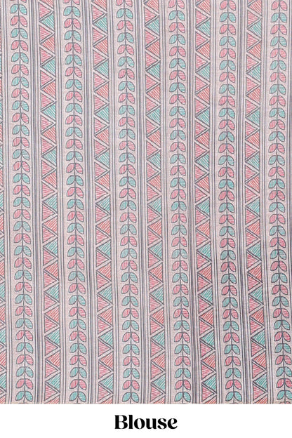 Pink geometric pattern bandhani style linen cotton saree with self zari border and contrast printed pallu & blouse