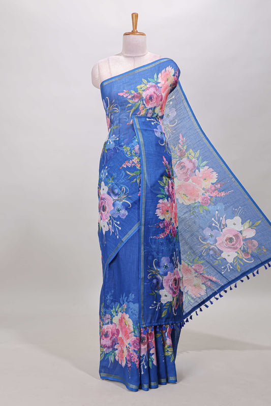 Blue floral design linen cotton saree with self zari border and matching pallu