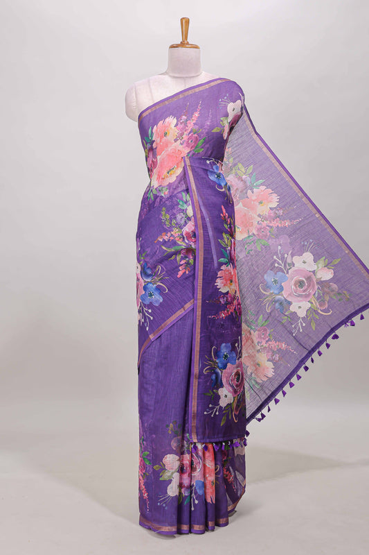 Purple floral design linen cotton saree with self zari border and matching pallu