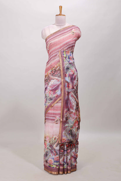 Peach linen cotton saree with swan & lotus pond print, self zari border and matching printed pallu