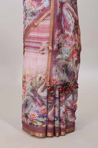 Peach linen cotton saree with swan & lotus pond print, self zari border and matching printed pallu