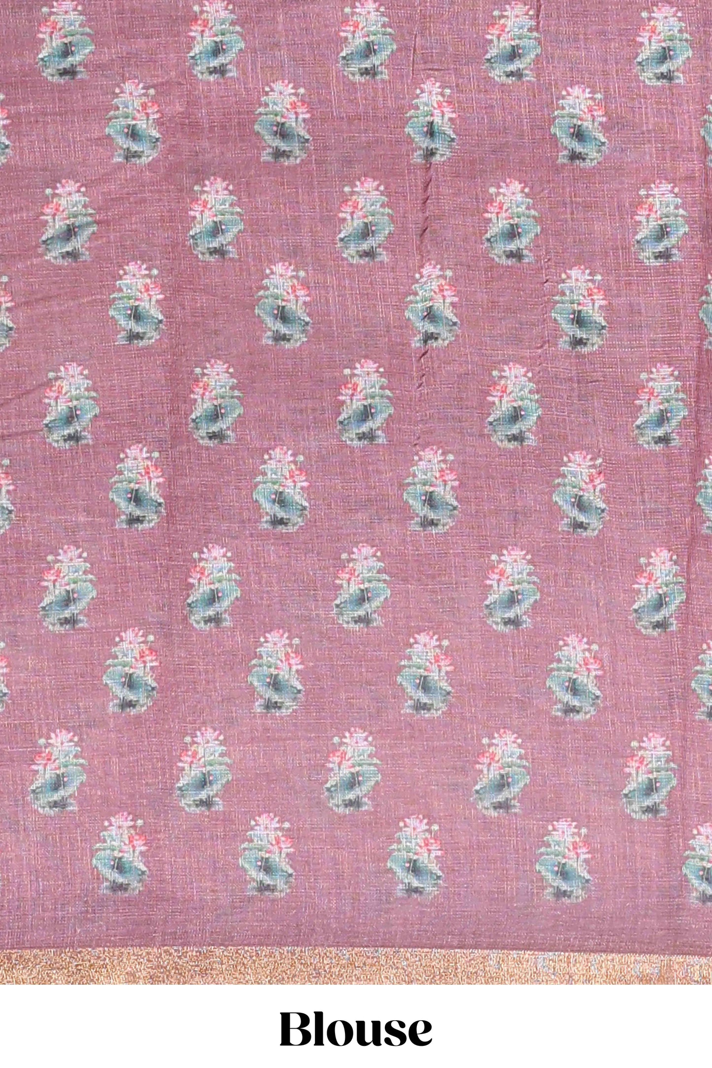 Peach linen cotton saree with swan & lotus pond print, self zari border and matching printed pallu