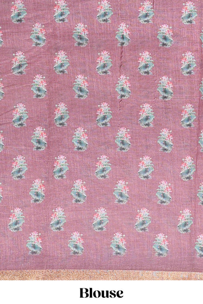 Peach linen cotton saree with swan & lotus pond print, self zari border and matching printed pallu