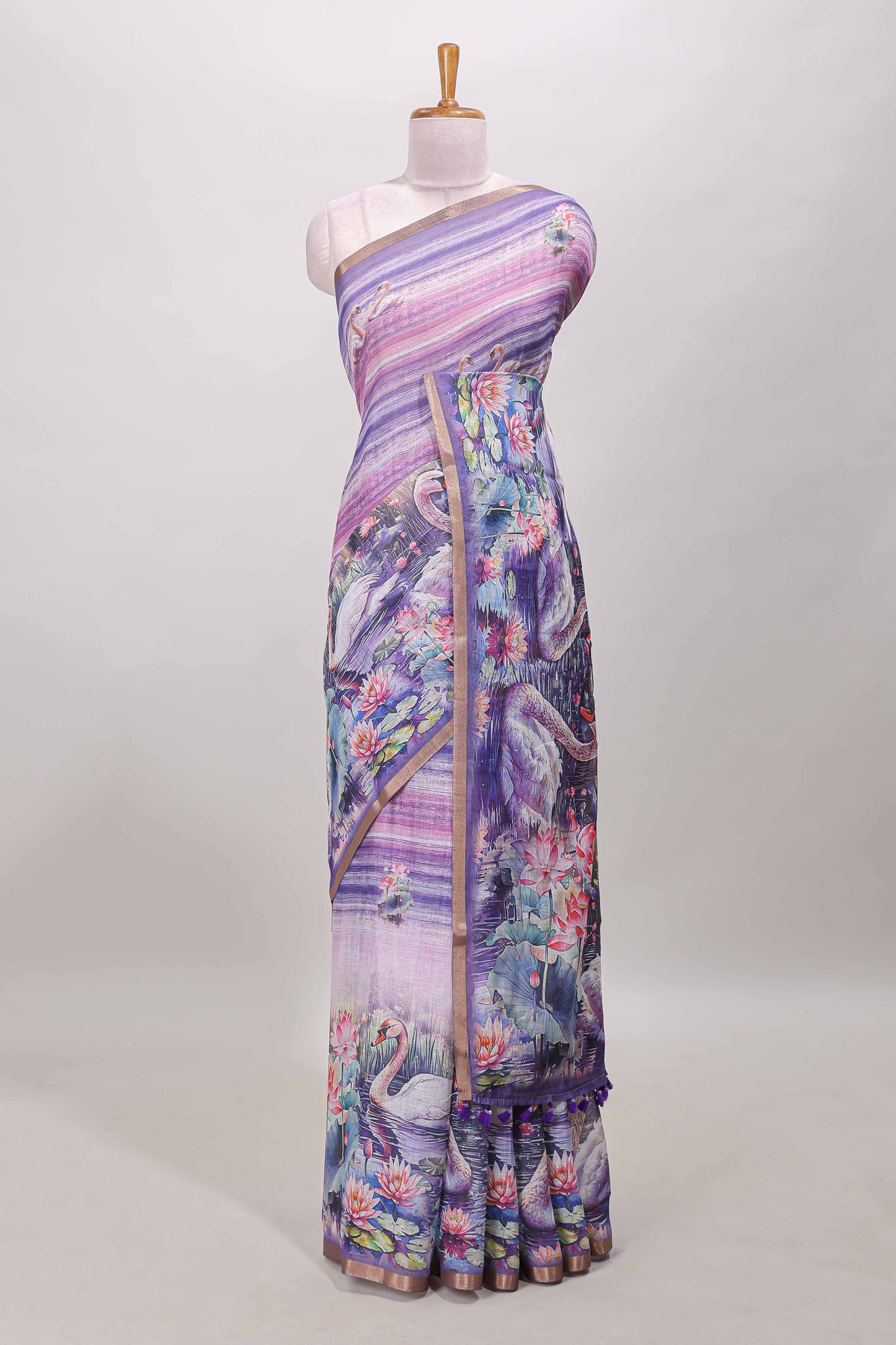 Lavender linen cotton saree with swan & lotus pond print, self zari border and matching printed pallu