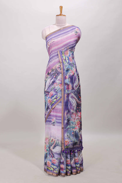 Lavender linen cotton saree with swan & lotus pond print, self zari border and matching printed pallu