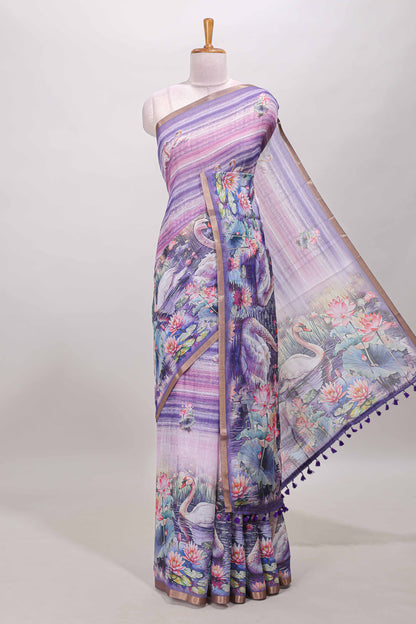 Lavender linen cotton saree with swan & lotus pond print, self zari border and matching printed pallu