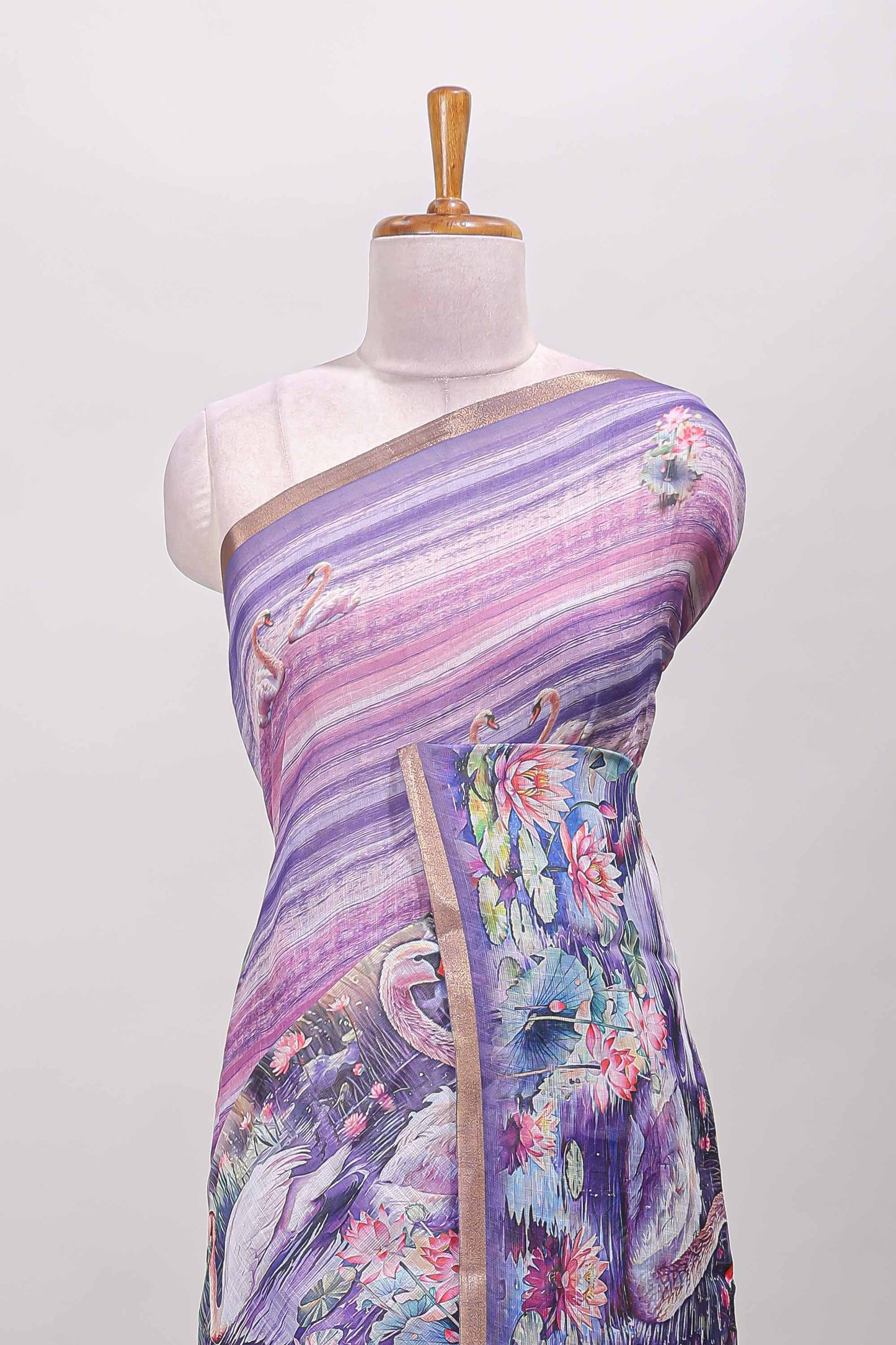 Lavender linen cotton saree with swan & lotus pond print, self zari border and matching printed pallu