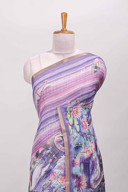 Lavender linen cotton saree with swan & lotus pond print, self zari border and matching printed pallu