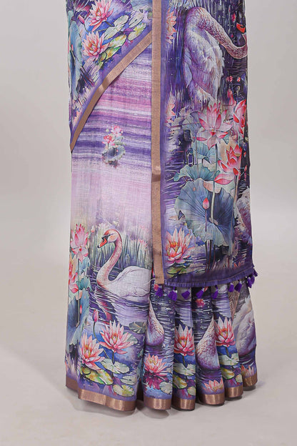 Lavender linen cotton saree with swan & lotus pond print, self zari border and matching printed pallu