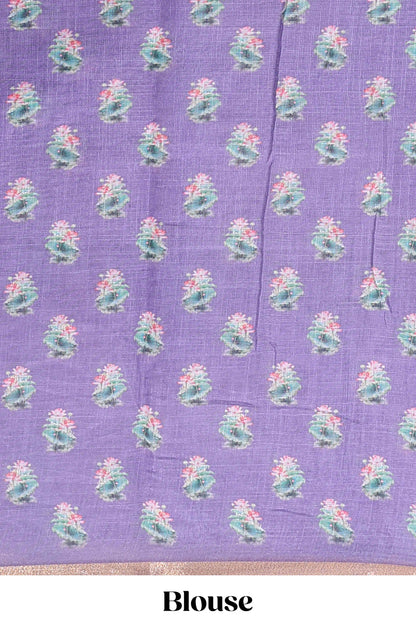 Lavender linen cotton saree with swan & lotus pond print, self zari border and matching printed pallu