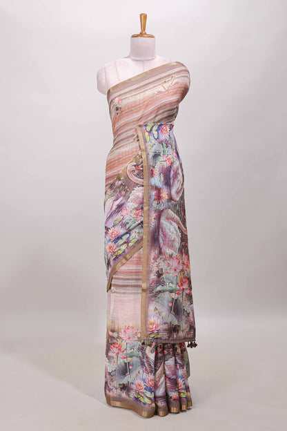 Brown linen cotton saree with swan & lotus pond print, self zari border and matching printed pallu
