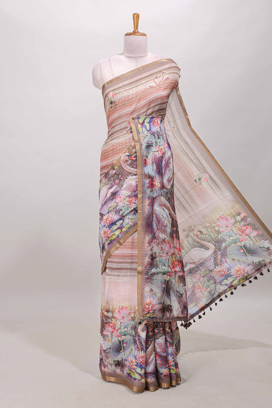 Brown linen cotton saree with swan & lotus pond print, self zari border and matching printed pallu