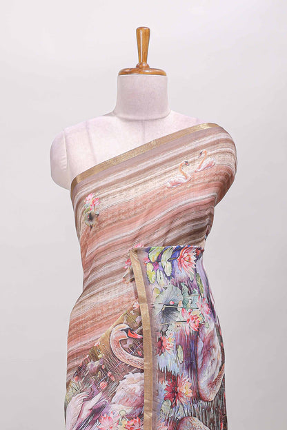 Brown linen cotton saree with swan & lotus pond print, self zari border and matching printed pallu