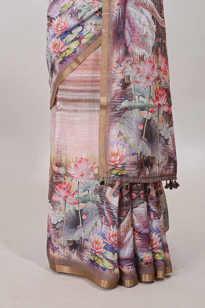 Brown linen cotton saree with swan & lotus pond print, self zari border and matching printed pallu