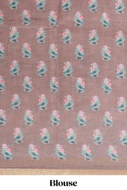 Brown linen cotton saree with swan & lotus pond print, self zari border and matching printed pallu