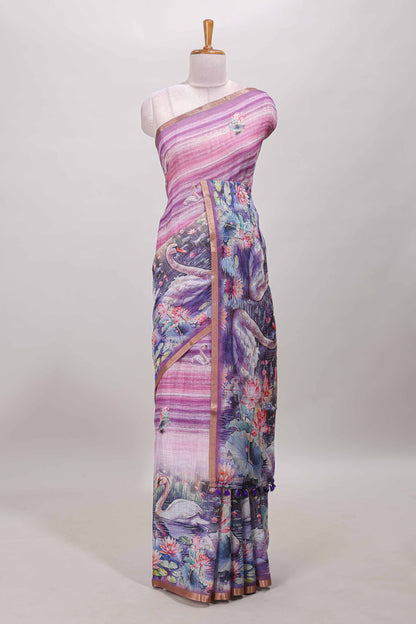 Pink linen cotton saree with swan & lotus pond print, self zari border and matching printed pallu