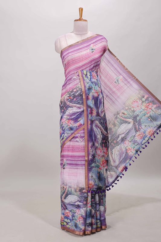 Pink linen cotton saree with swan & lotus pond print, self zari border and matching printed pallu