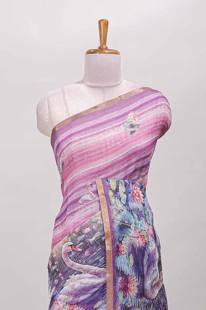 Pink linen cotton saree with swan & lotus pond print, self zari border and matching printed pallu