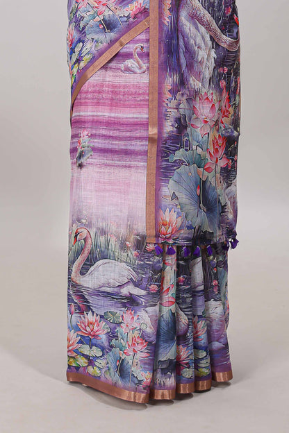 Pink linen cotton saree with swan & lotus pond print, self zari border and matching printed pallu