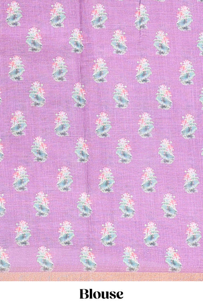 Pink linen cotton saree with swan & lotus pond print, self zari border and matching printed pallu