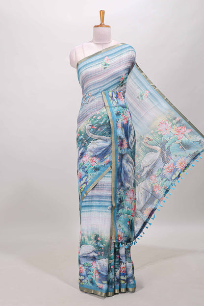 Blue linen cotton saree with swan & lotus pond print, self zari border and matching printed pallu