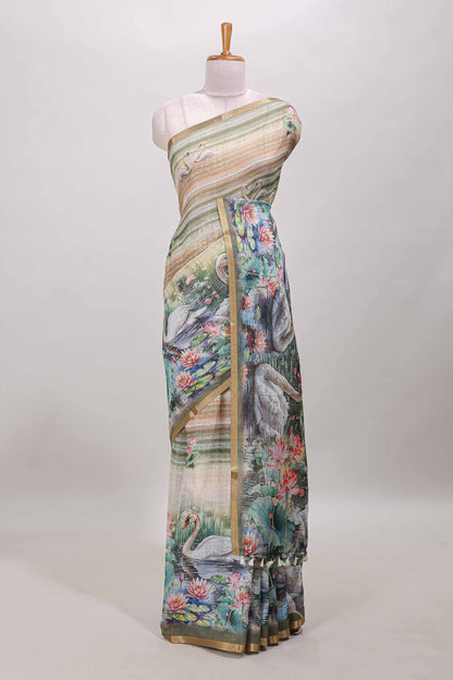Olive green linen cotton saree with swan & lotus pond print, self zari border and matching printed pallu