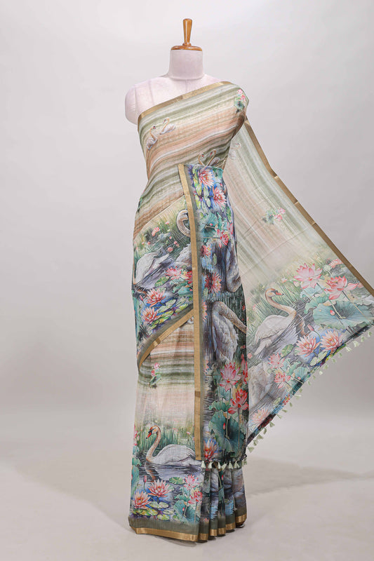 Olive green linen cotton saree with swan & lotus pond print, self zari border and matching printed pallu