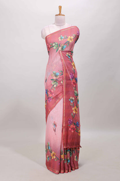 Pink floral vine design linen cotton saree with self zari border and matching printed blouse