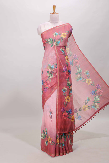 Pink floral vine design linen cotton saree with self zari border and matching printed blouse