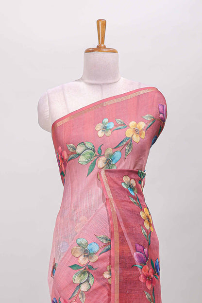 Pink floral vine design linen cotton saree with self zari border and matching printed blouse