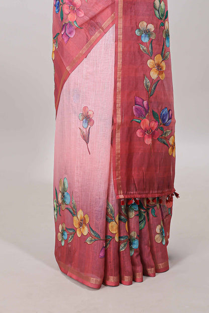 Pink floral vine design linen cotton saree with self zari border and matching printed blouse