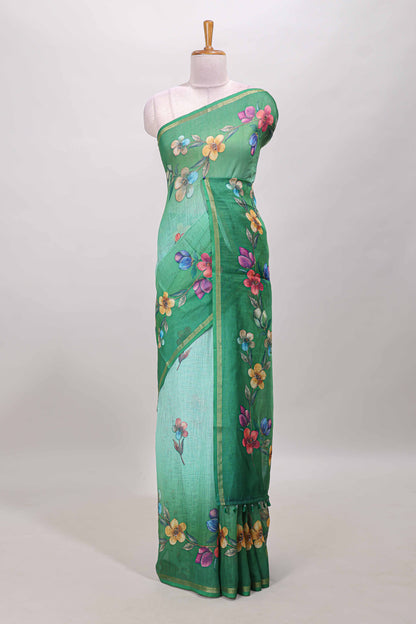 Green floral vine design linen cotton saree with self zari border and matching printed blouse