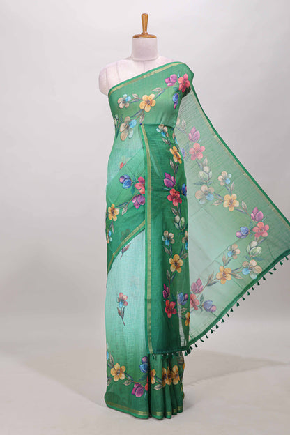 Green floral vine design linen cotton saree with self zari border and matching printed blouse