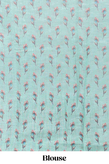 Green floral vine design linen cotton saree with self zari border and matching printed blouse