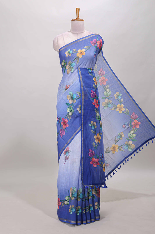 Blue floral vine design linen cotton saree with self zari border and matching printed blouse