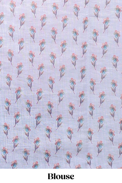 Blue floral vine design linen cotton saree with self zari border and matching printed blouse