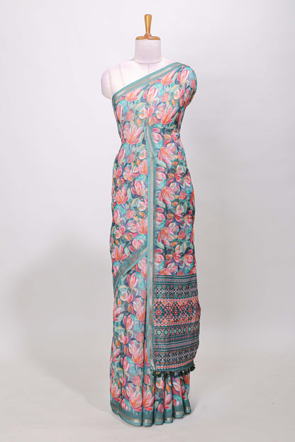 Green linen cotton saree with floral design and Ikkat motif pallu