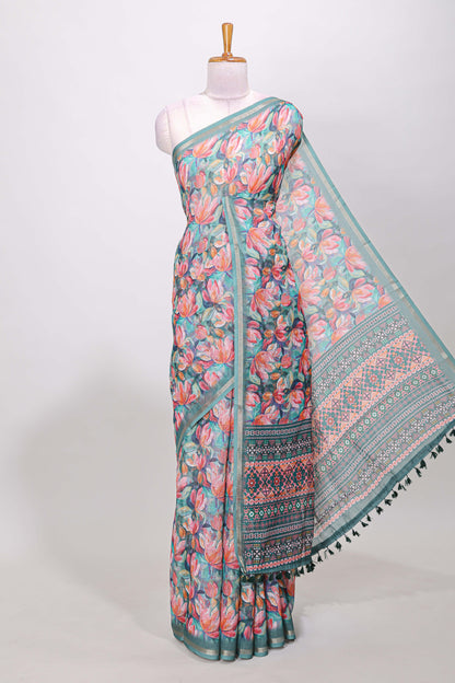 Green linen cotton saree with floral design and Ikkat motif pallu