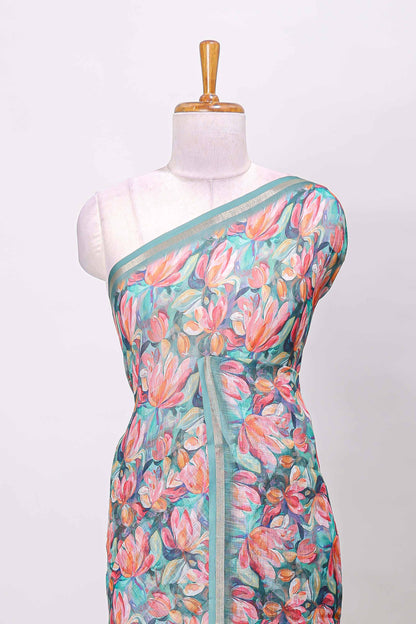 Green linen cotton saree with floral design and Ikkat motif pallu