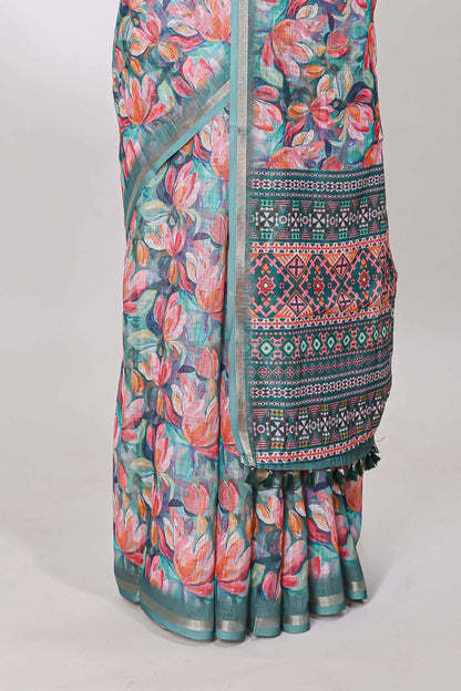Green linen cotton saree with floral design and Ikkat motif pallu