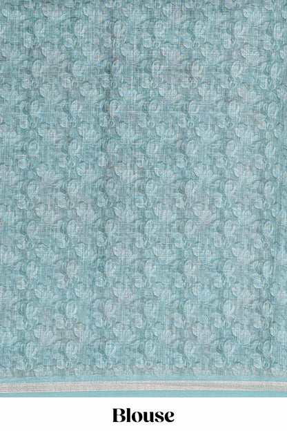 Green linen cotton saree with floral design and Ikkat motif pallu