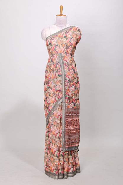 Grey linen cotton saree with floral design and Ikkat motif pallu