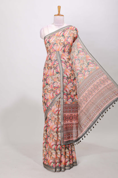 Grey linen cotton saree with floral design and Ikkat motif pallu