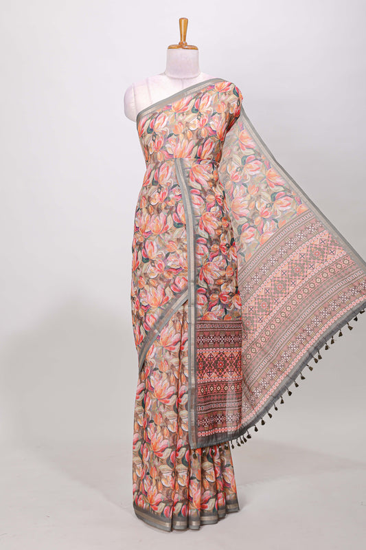Grey linen cotton saree with floral design and Ikkat motif pallu