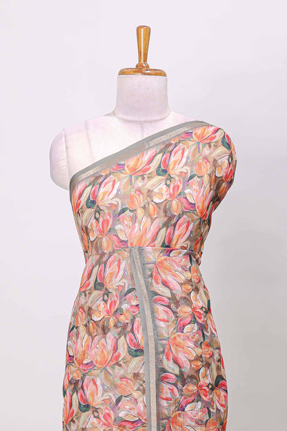 Grey linen cotton saree with floral design and Ikkat motif pallu