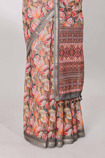 Grey linen cotton saree with floral design and Ikkat motif pallu