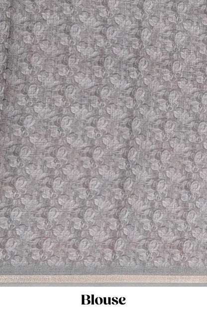 Grey linen cotton saree with floral design and Ikkat motif pallu