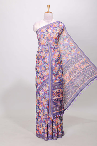 Lavender linen cotton saree with floral design and Ikkat motif pallu